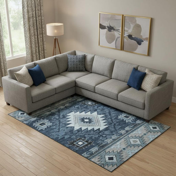 HomeRoots 9' X 12' Washable Geometric Area Rug in Blue, Charcoal & Gray - UV Protected, Stylish & Durable! 700246