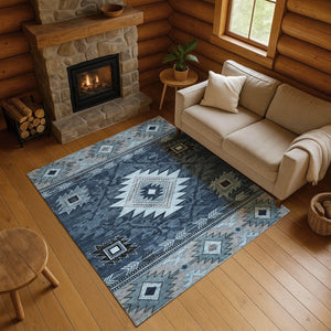 HomeRoots 9' X 12' Washable Geometric Area Rug in Blue, Charcoal & Gray - UV Protected, Stylish & Durable! 700246