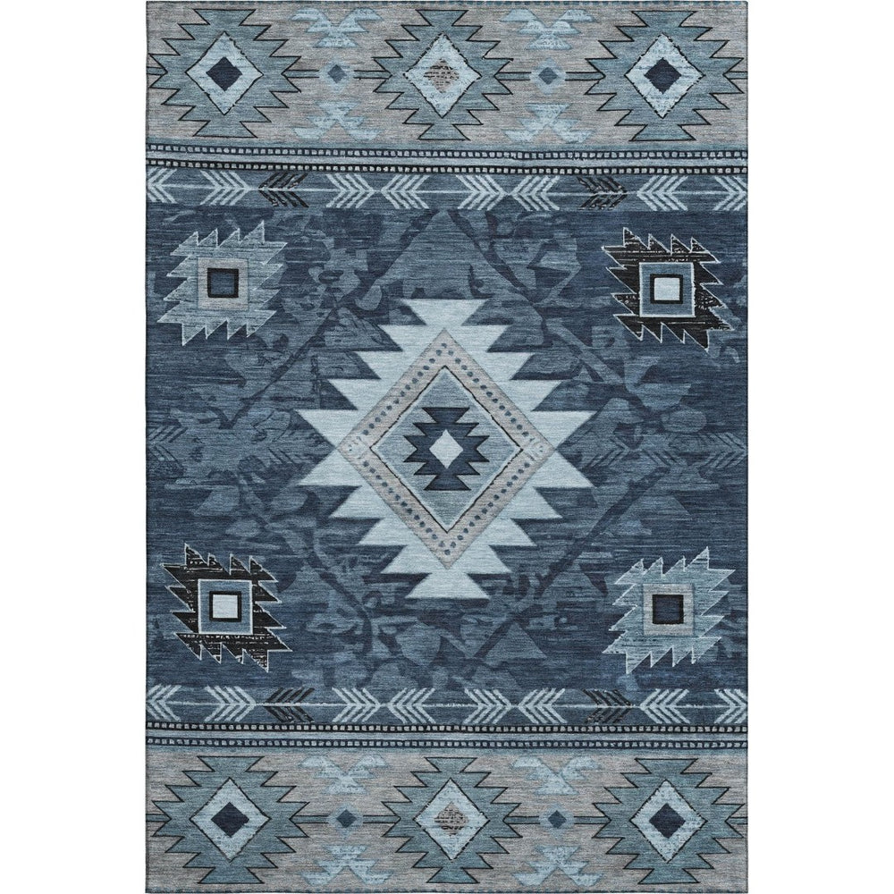 HomeRoots 9' X 12' Washable Geometric Area Rug in Blue, Charcoal & Gray - UV Protected, Stylish & Durable! 700246