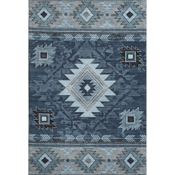 HomeRoots 9' X 12' Washable Geometric Area Rug in Blue, Charcoal & Gray - UV Protected, Stylish & Durable! 700246