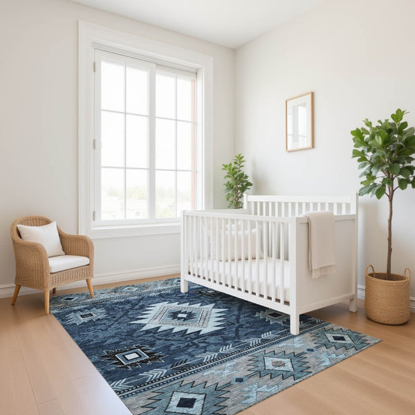 HomeRoots 9' X 12' Washable Geometric Area Rug in Blue, Charcoal & Gray - UV Protected, Stylish & Durable! 700246