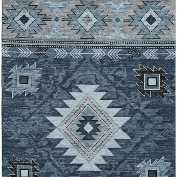 HomeRoots 9' X 12' Washable Geometric Area Rug in Blue, Charcoal & Gray - UV Protected, Stylish & Durable! 700246