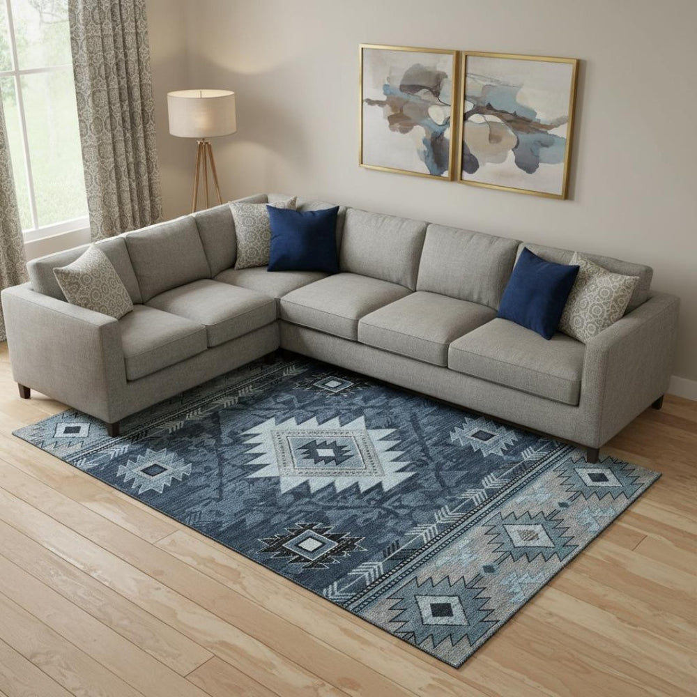 HomeRoots 10' Blue Charcoal & Gray Geometric Washable Area Rug - UV Protected, Durable & Stain Resistant! 700247
