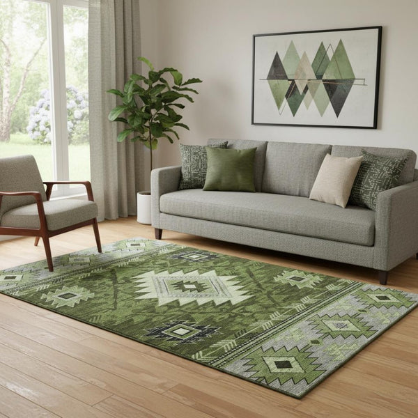 HomeRoots 5' X 8' Olive Green Gray Charcoal Geometric Area Rug - Washable, UV-Protected, Stylish & Durable! 700249