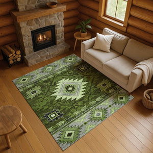 HomeRoots 5' X 8' Olive Green Gray Charcoal Geometric Area Rug - Washable, UV-Protected, Stylish & Durable! 700249