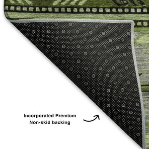 HomeRoots 5' X 8' Olive Green Gray Charcoal Geometric Area Rug - Washable, UV-Protected, Stylish & Durable! 700249