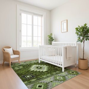 HomeRoots 5' X 8' Olive Green Gray Charcoal Geometric Area Rug - Washable, UV-Protected, Stylish & Durable! 700249