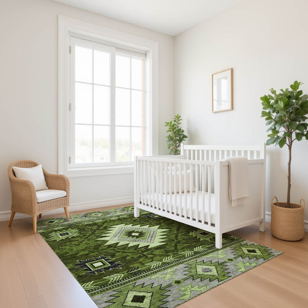 HomeRoots 5' X 8' Olive Green Gray Charcoal Geometric Area Rug - Washable, UV-Protected, Stylish & Durable! 700249