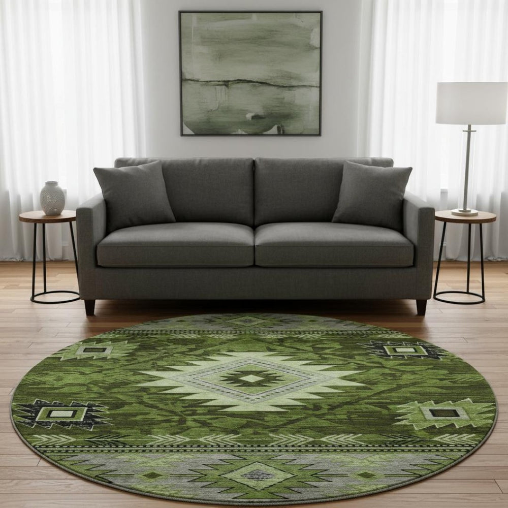 HomeRoots 8' Stylish Olive Green and Gray Geometric Washable Round Rug with UV Protection for Indoor/Outdoor Use 700250