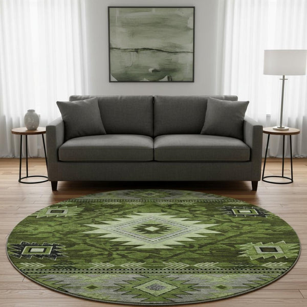 HomeRoots 8' Stylish Olive Green and Gray Geometric Washable Round Rug with UV Protection for Indoor/Outdoor Use 700250
