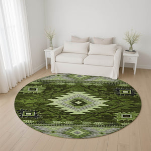 HomeRoots 8' Stylish Olive Green and Gray Geometric Washable Round Rug with UV Protection for Indoor/Outdoor Use 700250