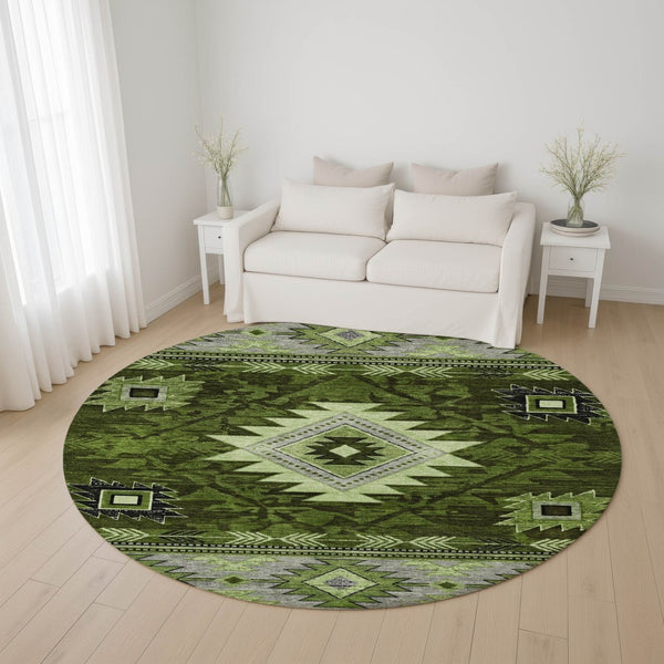 HomeRoots 8' Stylish Olive Green and Gray Geometric Washable Round Rug with UV Protection for Indoor/Outdoor Use 700250