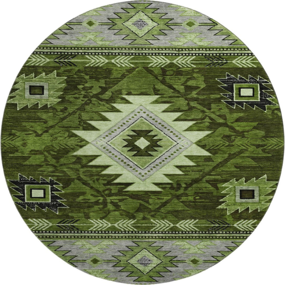 HomeRoots 8' Stylish Olive Green and Gray Geometric Washable Round Rug with UV Protection for Indoor/Outdoor Use 700250