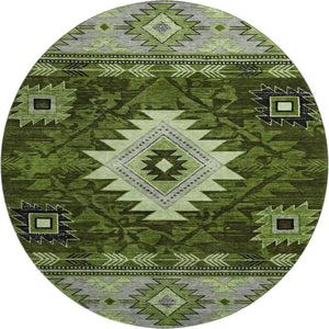HomeRoots 8' Stylish Olive Green and Gray Geometric Washable Round Rug with UV Protection for Indoor/Outdoor Use 700250