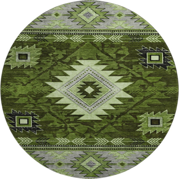 HomeRoots 8' Stylish Olive Green and Gray Geometric Washable Round Rug with UV Protection for Indoor/Outdoor Use 700250