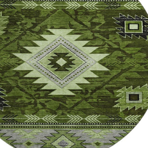 HomeRoots 8' Stylish Olive Green and Gray Geometric Washable Round Rug with UV Protection for Indoor/Outdoor Use 700250