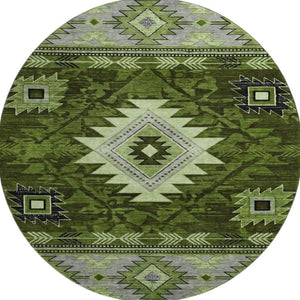 HomeRoots 8' Stylish Olive Green and Gray Geometric Washable Round Rug with UV Protection for Indoor/Outdoor Use 700250