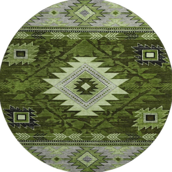 HomeRoots 8' Stylish Olive Green and Gray Geometric Washable Round Rug with UV Protection for Indoor/Outdoor Use 700250