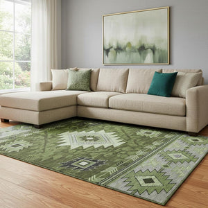 HomeRoots 8' X 10' Stylish Olive Green Gray Geometric Washable Area Rug with UV Protection & Non-Slip Backing 700251