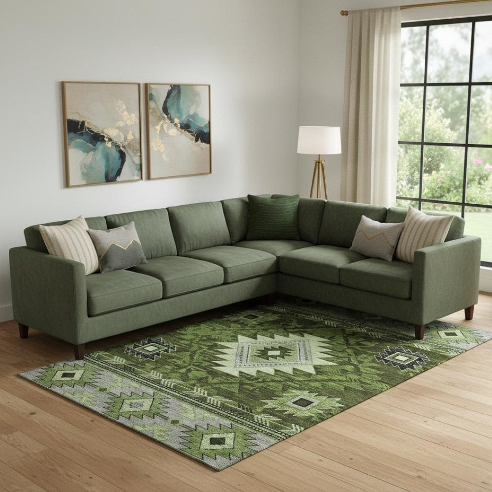 HomeRoots 9' X 12' Olive Green Gray Charcoal Geometric Area Rug - Washable, UV-Protected, Non-Slip Design 700252