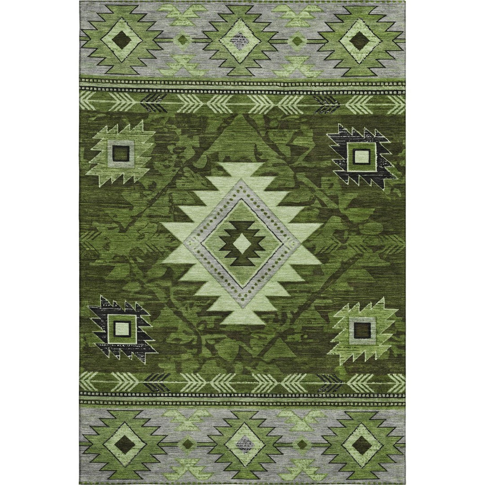 HomeRoots 9' X 12' Olive Green Gray Charcoal Geometric Area Rug - Washable, UV-Protected, Non-Slip Design 700252