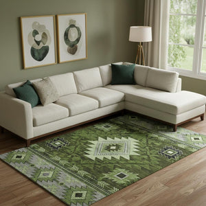 HomeRoots 10' Modern Geometric Olive Green Area Rug - Washable, UV Protected, Stain Resistant for Busy Homes 700253