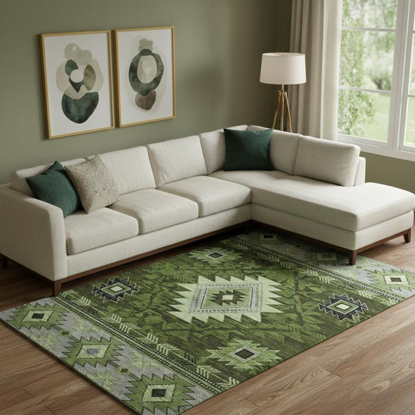 HomeRoots 10' Modern Geometric Olive Green Area Rug - Washable, UV Protected, Stain Resistant for Busy Homes 700253