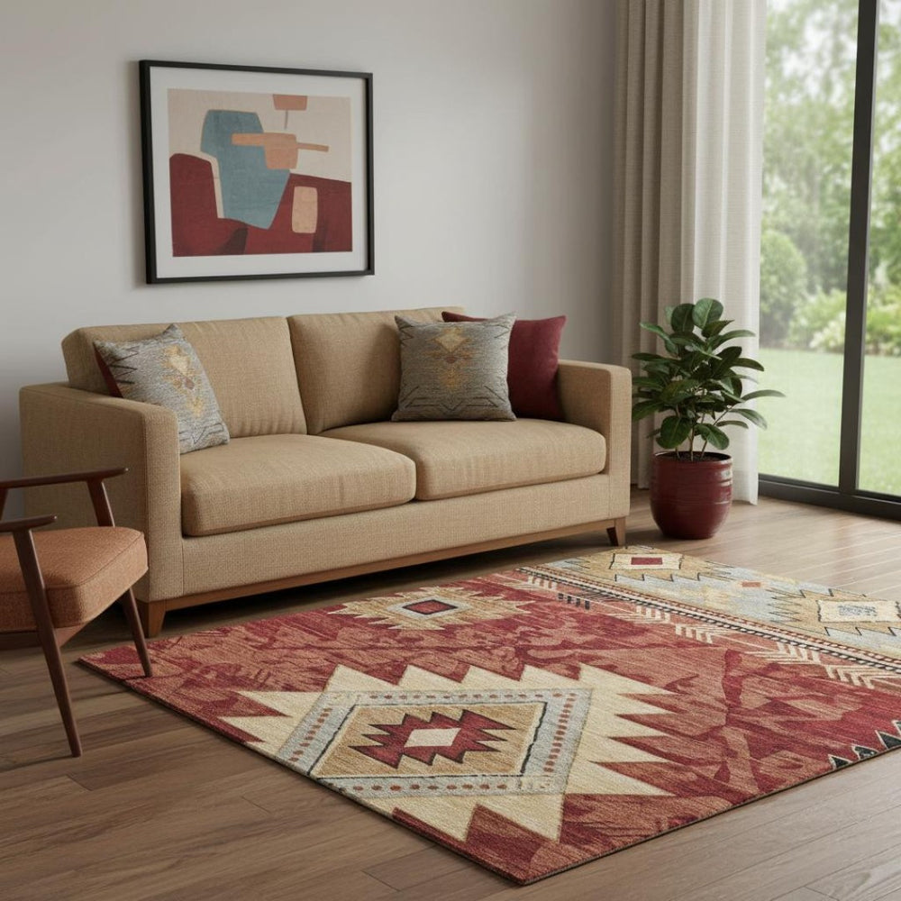 HomeRoots 5' X 8' Stylish Rust Beige Geometric Area Rug - Washable, UV Protected, Stain Resistant & Durable! 700255