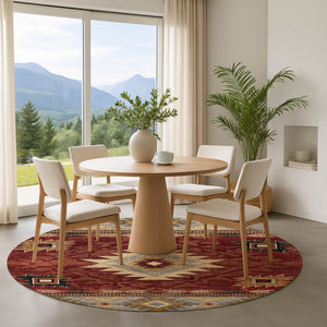 HomeRoots 8' Rust Beige and Charcoal Geometric Round Rug - UV Protected, Washable, Ideal for High Traffic Areas 700256