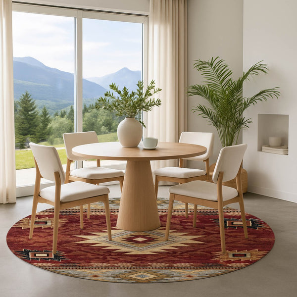 HomeRoots 8' Rust Beige and Charcoal Geometric Round Rug - UV Protected, Washable, Ideal for High Traffic Areas 700256