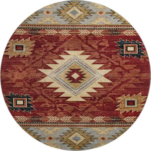HomeRoots 8' Rust Beige and Charcoal Geometric Round Rug - UV Protected, Washable, Ideal for High Traffic Areas 700256