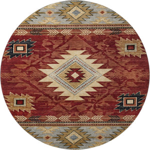 HomeRoots 8' Rust Beige and Charcoal Geometric Round Rug - UV Protected, Washable, Ideal for High Traffic Areas 700256