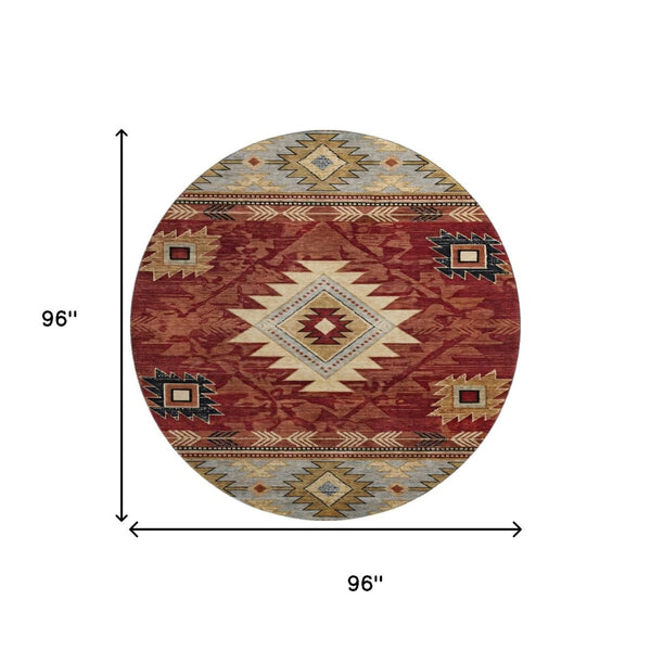 HomeRoots 8' Rust Beige and Charcoal Geometric Round Rug - UV Protected, Washable, Ideal for High Traffic Areas 700256