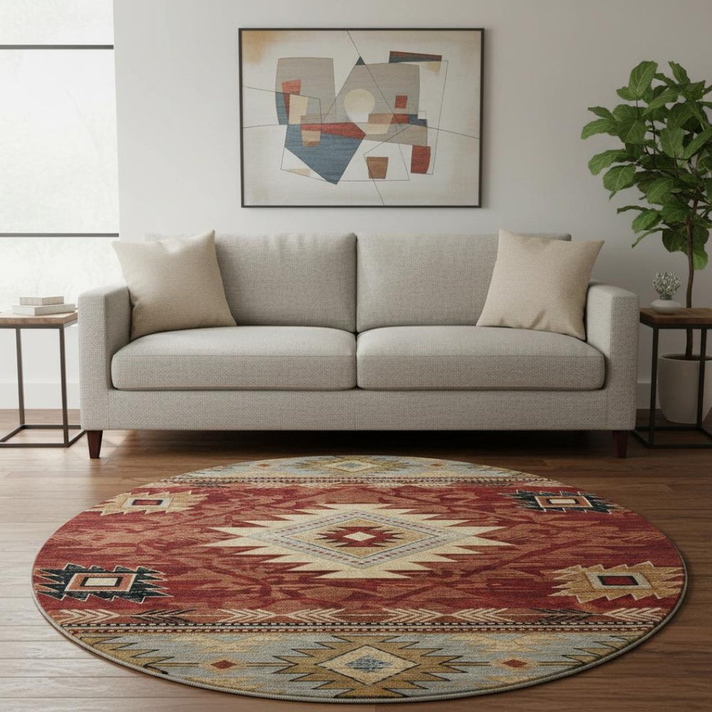 HomeRoots 8' Rust Beige and Charcoal Geometric Round Rug - UV Protected, Washable, Ideal for High Traffic Areas 700256