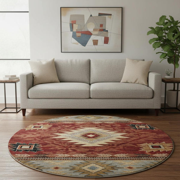 HomeRoots 8' Rust Beige and Charcoal Geometric Round Rug - UV Protected, Washable, Ideal for High Traffic Areas 700256