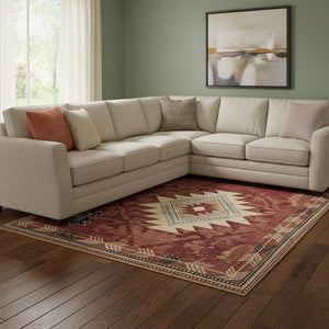 HomeRoots 8' X 10' Geometric Washable Area Rug in Rust Beige & Charcoal - UV Protected, Durable & Stylish! 700257