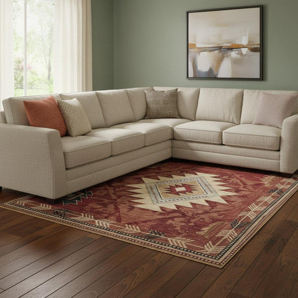 HomeRoots 8' X 10' Geometric Washable Area Rug in Rust Beige & Charcoal - UV Protected, Durable & Stylish! 700257