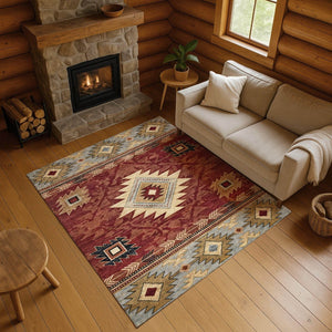 HomeRoots 8' X 10' Geometric Washable Area Rug in Rust Beige & Charcoal - UV Protected, Durable & Stylish! 700257