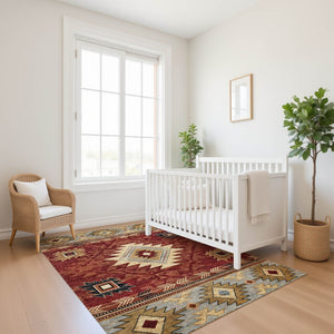HomeRoots 8' X 10' Geometric Washable Area Rug in Rust Beige & Charcoal - UV Protected, Durable & Stylish! 700257