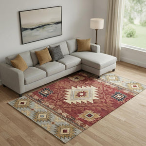 HomeRoots 10' X 14' Geometric Rust Beige and Charcoal Area Rug – Stylish, Washable, UV-Protected for Any Space 700259