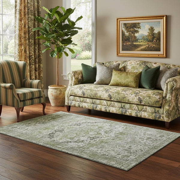 HomeRoots 5' X 8' Artichoke Green Gray Charcoal Oriental Area Rug - Washable, UV Protected, Pet-Friendly Design! 700261
