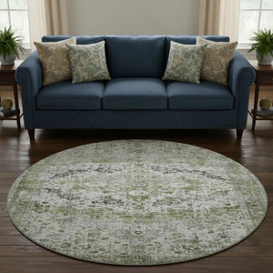 HomeRoots 8' Timeless Artichoke Green Oriental Washable Round Rug with UV Protection for Busy Homes 700262