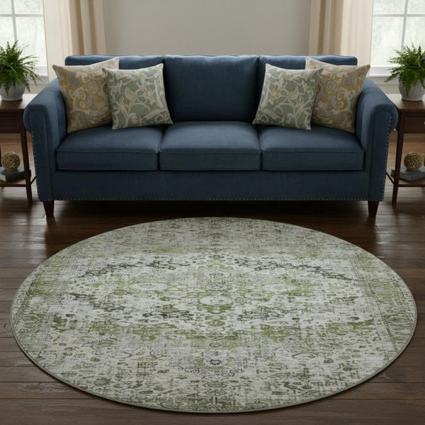 HomeRoots 8' Timeless Artichoke Green Oriental Washable Round Rug with UV Protection for Busy Homes 700262