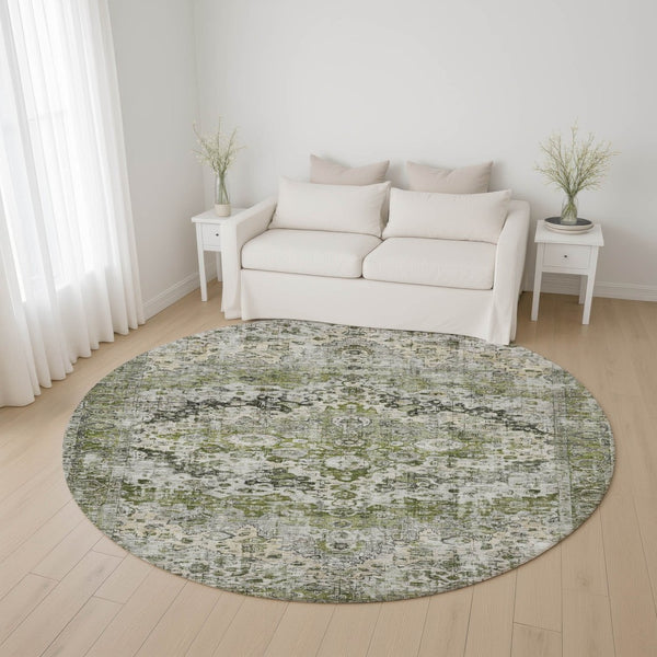 HomeRoots 8' Timeless Artichoke Green Oriental Washable Round Rug with UV Protection for Busy Homes 700262