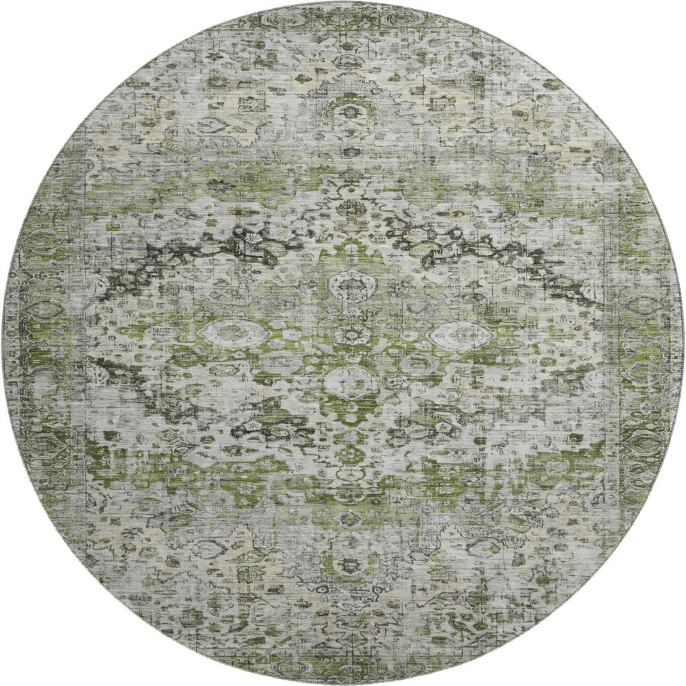 HomeRoots 8' Timeless Artichoke Green Oriental Washable Round Rug with UV Protection for Busy Homes 700262