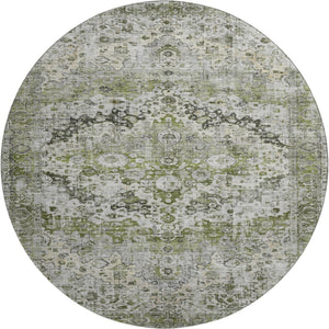 HomeRoots 8' Timeless Artichoke Green Oriental Washable Round Rug with UV Protection for Busy Homes 700262