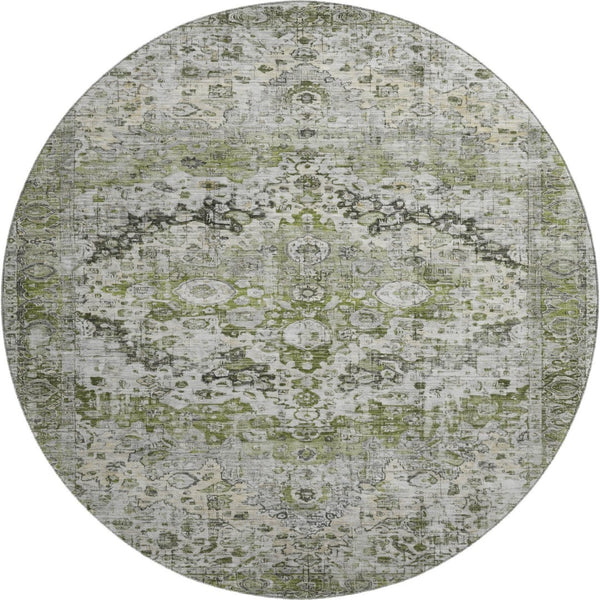 HomeRoots 8' Timeless Artichoke Green Oriental Washable Round Rug with UV Protection for Busy Homes 700262