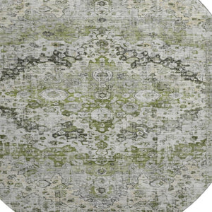 HomeRoots 8' Timeless Artichoke Green Oriental Washable Round Rug with UV Protection for Busy Homes 700262
