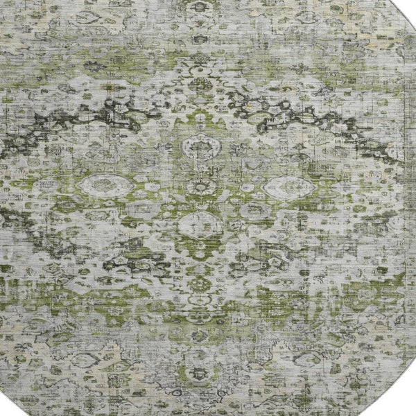 HomeRoots 8' Timeless Artichoke Green Oriental Washable Round Rug with UV Protection for Busy Homes 700262