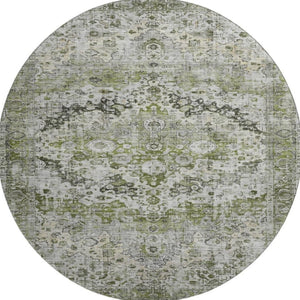 HomeRoots 8' Timeless Artichoke Green Oriental Washable Round Rug with UV Protection for Busy Homes 700262